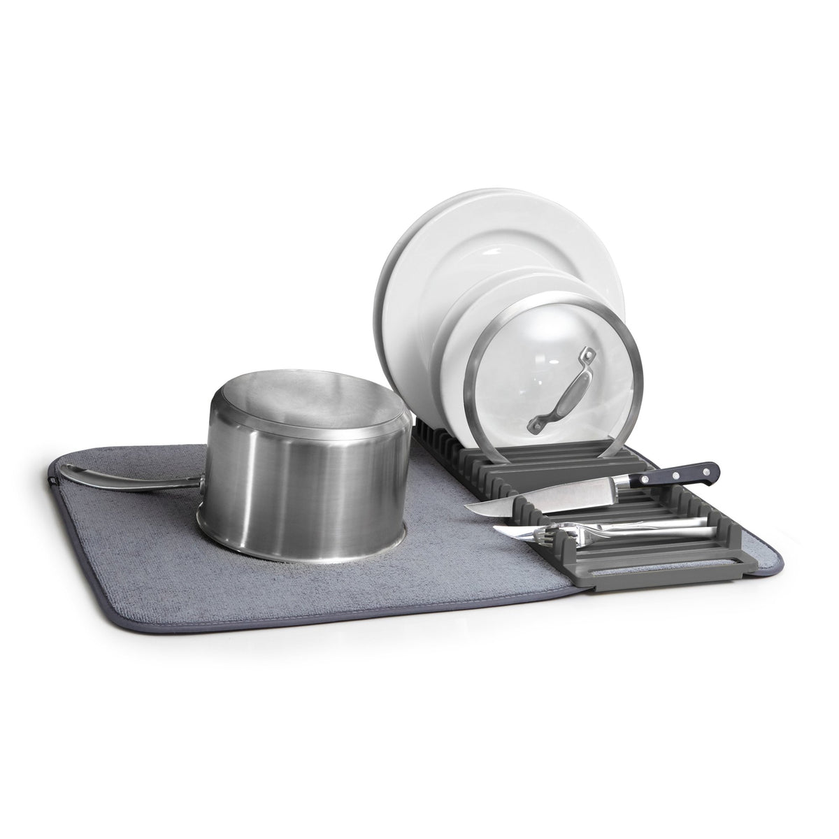 Umbra Udry dish rack in grey holding plates and a pot beside its drying mat