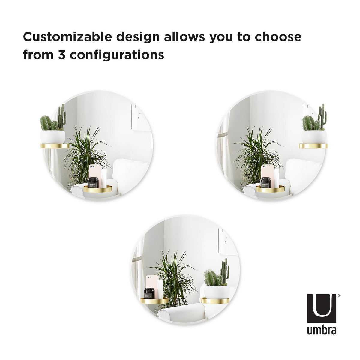 Umbra Perch round mirror shown in three shelf configurations