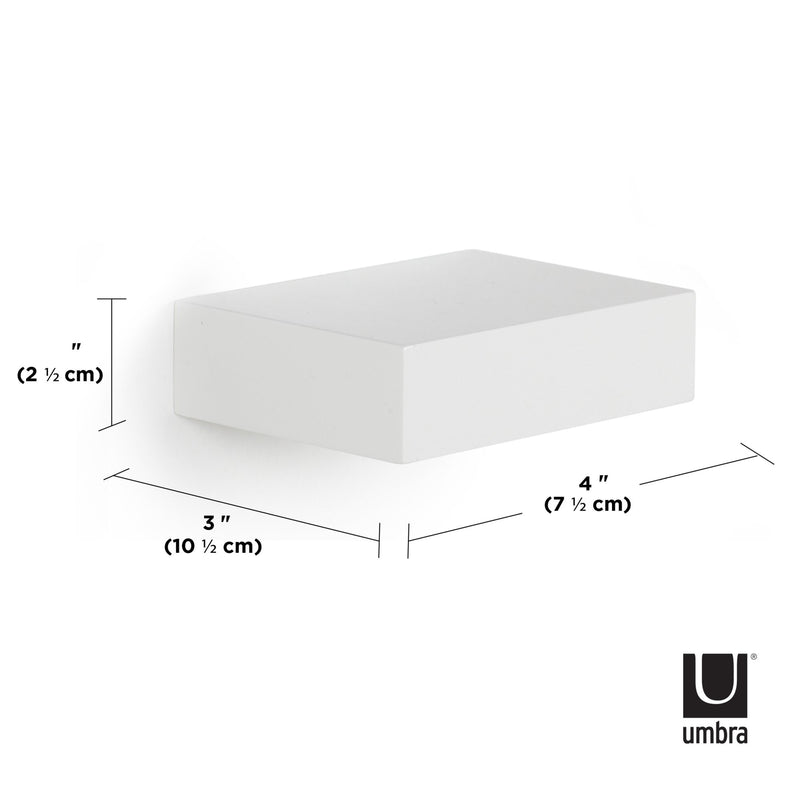 A white wall shelf from the Umbra range, offering a space-saving solution with its SHOWCASE SHELVES and measurements.