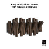 Easy to install Umbra Picket Rail Wall Hooks that come with mounting hardware.