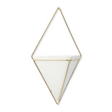 A white triangle Umbra Trigg Wall Vessel | Large - White/Brass hanging planter.