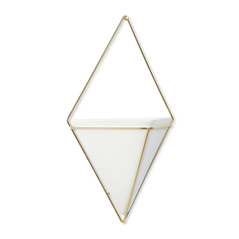 A white triangle Umbra Trigg Wall Vessel | Large - White/Brass hanging planter.