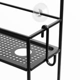 Introducing the sleek and modern Umbra Cubiko shower caddy. This black metal shelf comes with a glass holder, making it a stylish and practical addition to any bathroom.