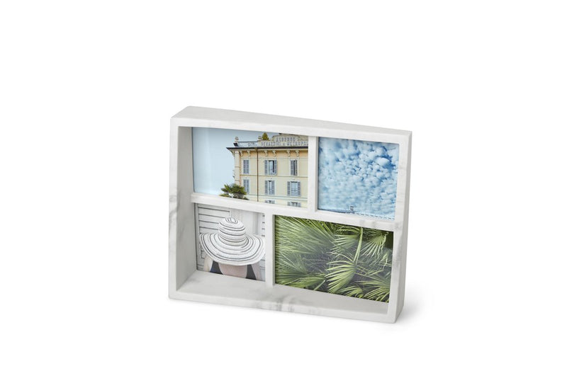 A modern wooden Edge Marble Frame from the Umbra range with four pictures in it.